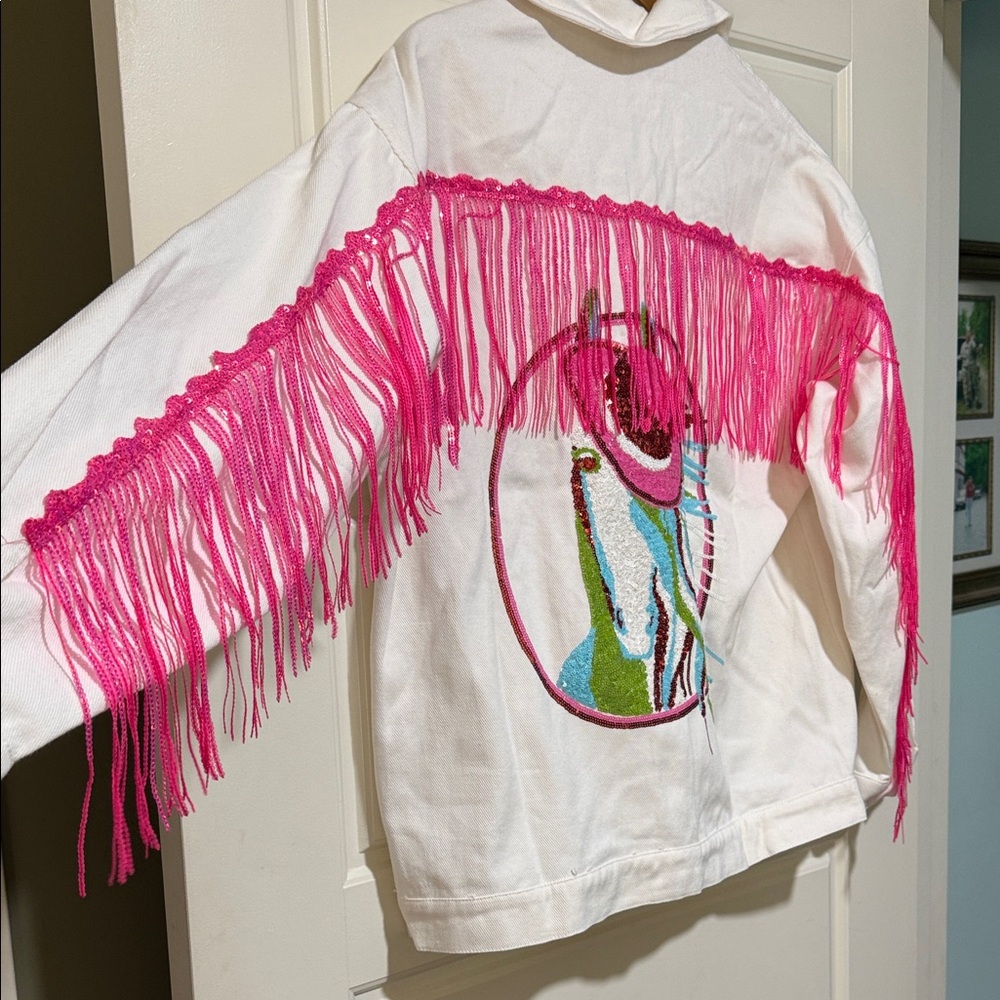 Fantastic Fawn White Jean Jacket with Hot Pink Fringe sequins horse embroidery - Picture 2 of 14
